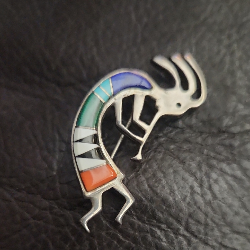 Sterling Silver Kokopelli Brooch Inlay Turquoise Lapis Spiny Oyster Onyx